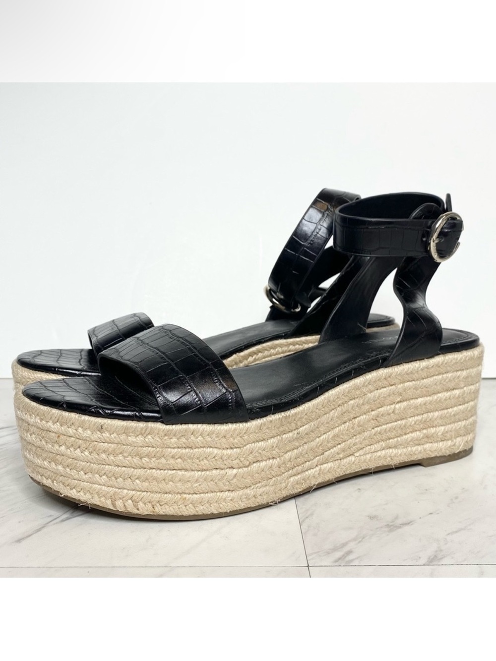 Marc Fisher Jenia Black Croc Espadrille Platform Sandal 10M